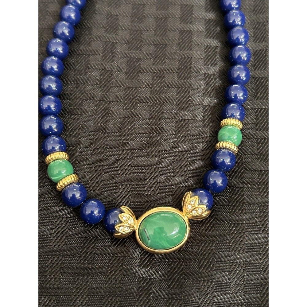 Vintage Lapis Blue & Jade Green Beaded Statement Necklace | Gold Tone Rhinestone